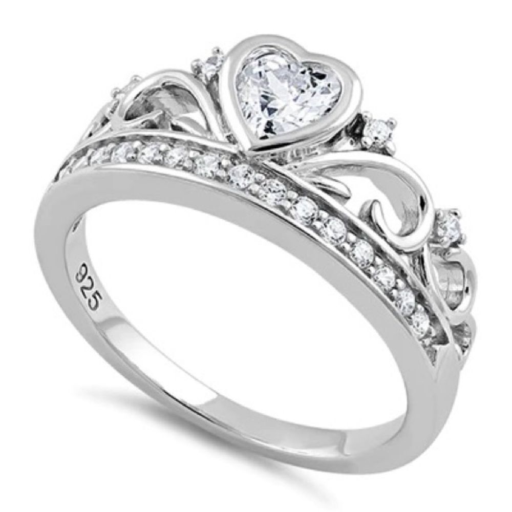 Sterling Silver Heart Crown Clear CZ Ring Sizes 7,8,10
